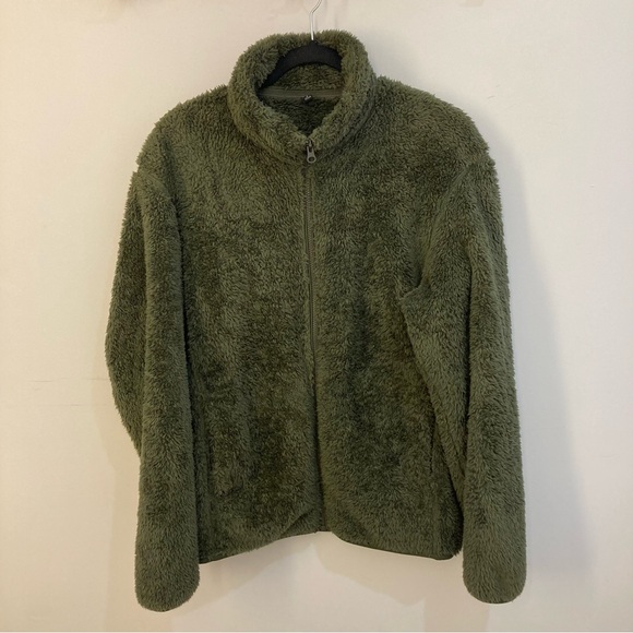Uniqlo Fluffy Yarn Fleece Teddy Bear Jacket Unisex Olive Green Medium - Picture 2 of 7